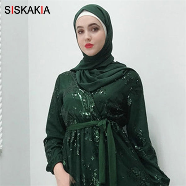 Green scarf / L - Siskakia Fashion Muslim Abaya Dress Metal Color High Grade Lace Hot Stamp Dubai Robe Arab Islam Elegant Party Dress Summer 2019