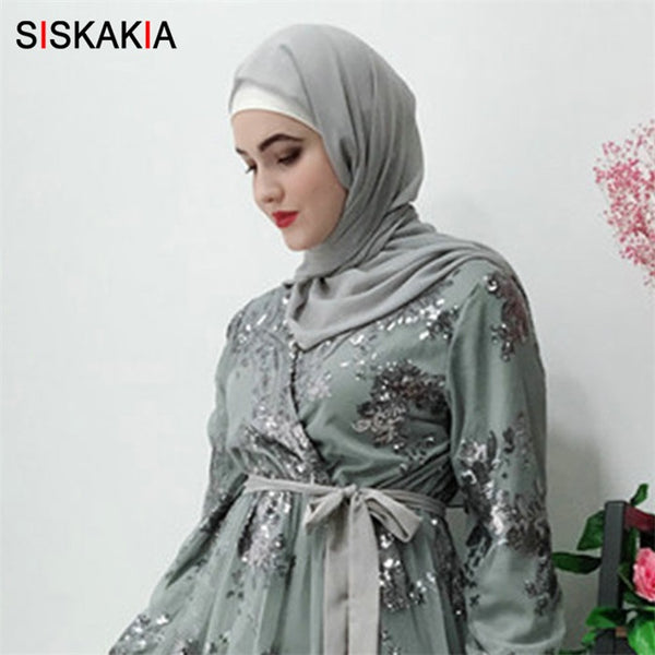 Gray scarf / L - Siskakia Fashion Muslim Abaya Dress Metal Color High Grade Lace Hot Stamp Dubai Robe Arab Islam Elegant Party Dress Summer 2019