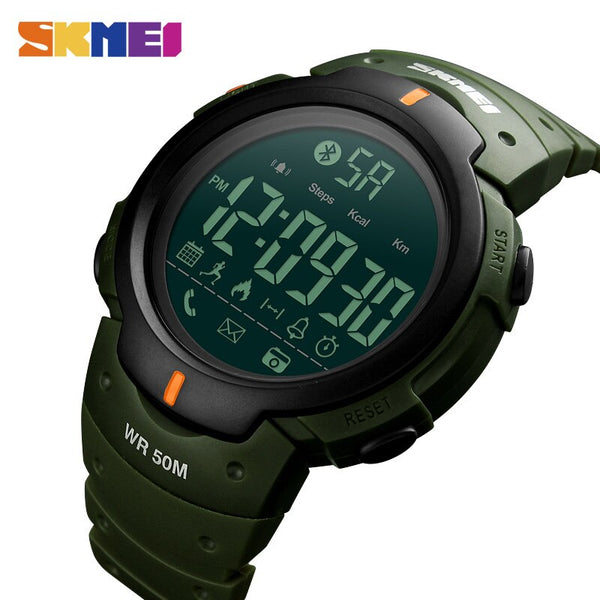 Army Green - SKMEI Fashion Smart Watch Men Calorie Alarm Clock Bluetooth Watches 5Bar Waterproof Smart Digital Watch Relogio Masculino 1301