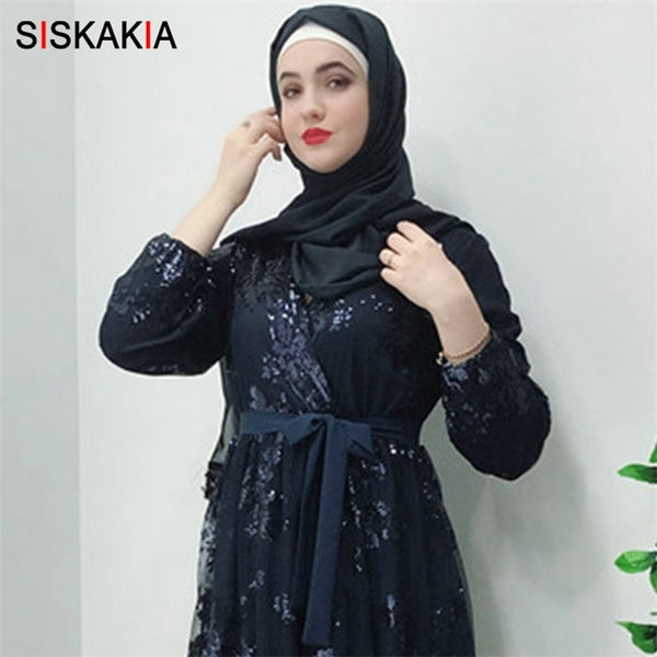 Navy blue scarf / L - Siskakia Fashion Muslim Abaya Dress Metal Color High Grade Lace Hot Stamp Dubai Robe Arab Islam Elegant Party Dress Summer 2019