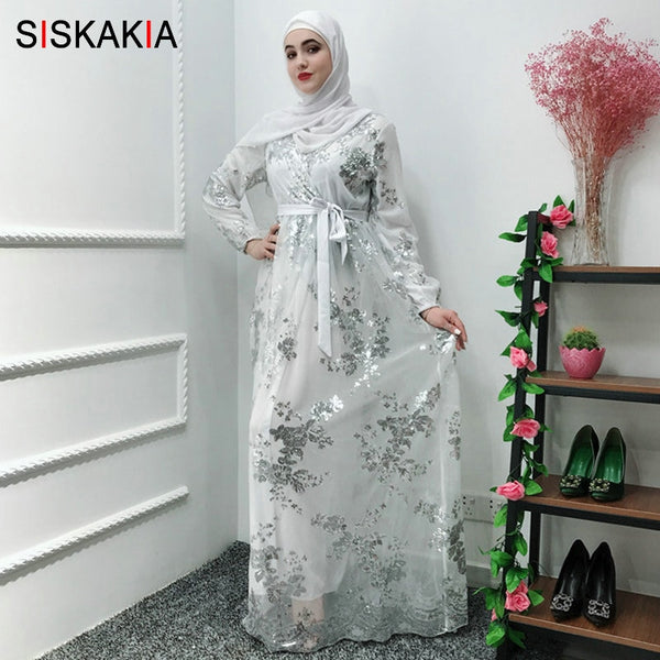 [variant_title] - Siskakia Fashion Muslim Abaya Dress Metal Color High Grade Lace Hot Stamp Dubai Robe Arab Islam Elegant Party Dress Summer 2019