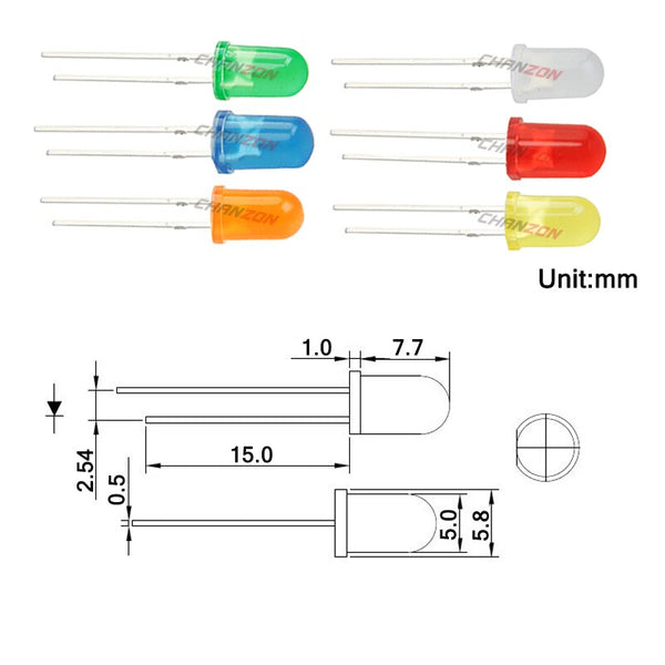 [variant_title] - Diffused LED 5mm Light Emitting Diode Lamp Assorted Kit Set White Red Green Blue Yellow Orange Light-Emitting 20mA 2V 3V