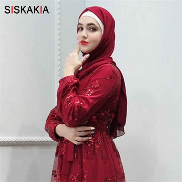 Burgundy scarf / L - Siskakia Fashion Muslim Abaya Dress Metal Color High Grade Lace Hot Stamp Dubai Robe Arab Islam Elegant Party Dress Summer 2019
