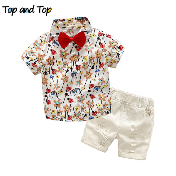 B / 2T - Top and Top boys clothing sets summer gentleman suits short sleeve shirt + shorts 2pcs kids clothes children clothing set