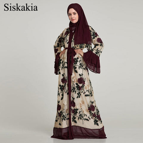 [variant_title] - Siskakia Fashion Muslim Women Abaya Spring 2019 New Arrival Muslimah Caftans and Jubah Black lace Floral Embroidery Flare Sleeve