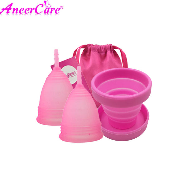 pink - 2pcs female menstrual cup sterilizer female hygienic vaginal period cup menstruation silicone reusable menstruation collector