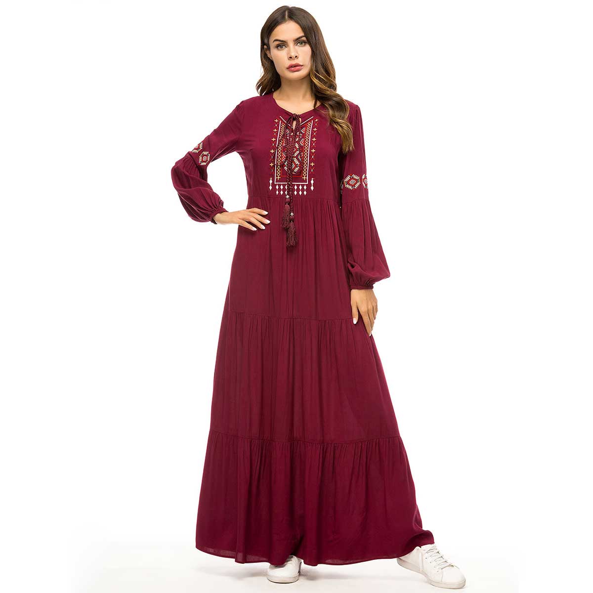 7355 / 4XL - 2019 Retro Ethnic Embroidery Maxi Dress Oversized Women Muslim Abaya Arabic Dubai Islamic UAE Pleated Robe Plus Size VKDR1447