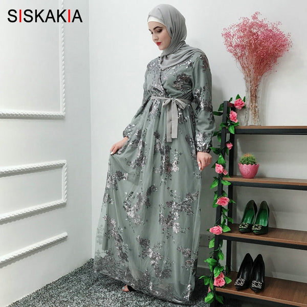 Gray dress / L - Siskakia Fashion Muslim Abaya Dress Metal Color High Grade Lace Hot Stamp Dubai Robe Arab Islam Elegant Party Dress Summer 2019