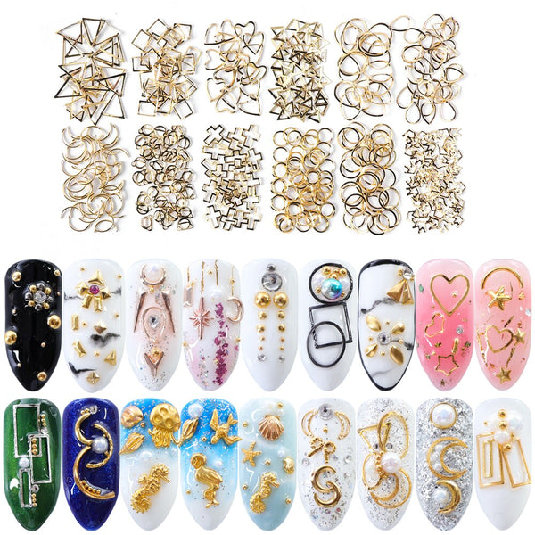 [variant_title] - 1Case Gold Silver Hollow 3D Nail Art Decorations Mix Metal Frame Nail Rivets Shiny Charm Strass Manicure Accessories Studs JI772