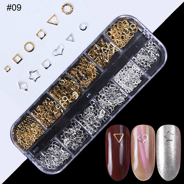 09 - 1Case Gold Silver Hollow 3D Nail Art Decorations Mix Metal Frame Nail Rivets Shiny Charm Strass Manicure Accessories Studs JI772
