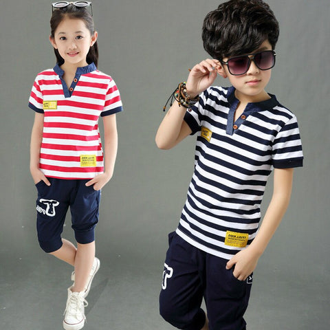 [variant_title] - Boys and Girls  Short Sleeve T Shirt +pant Kids Clothes Sets Children's Summer V-neck Stripe Two Suit Sports Sets 4-12 Ages
