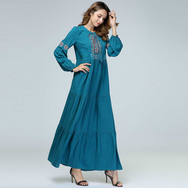 7396 / 4XL - 2019 Retro Ethnic Embroidery Maxi Dress Oversized Women Muslim Abaya Arabic Dubai Islamic UAE Pleated Robe Plus Size VKDR1447