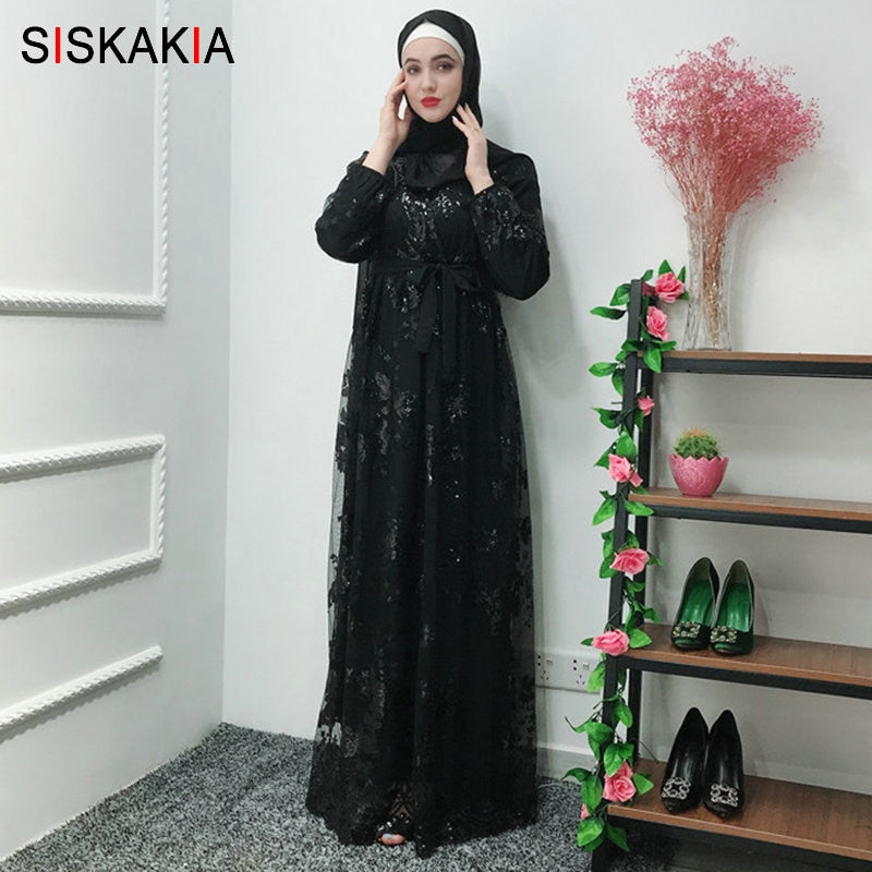 Black dress / L - Siskakia Fashion Muslim Abaya Dress Metal Color High Grade Lace Hot Stamp Dubai Robe Arab Islam Elegant Party Dress Summer 2019