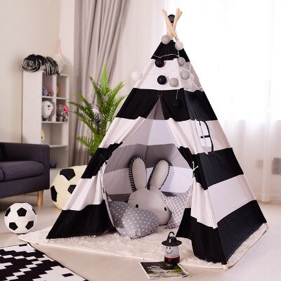 Black Striped - Large Canvas Teepee Tent Kids Teepee Tipi with Grey Pom Poms Indian Play Tent House Children Tipi Tee Pee Tent NO MAT