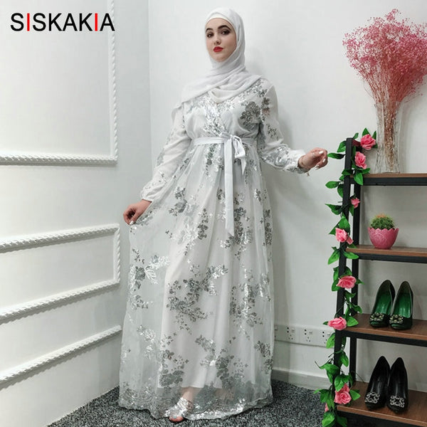 White abaya / L - Siskakia Fashion Muslim Abaya Dress Metal Color High Grade Lace Hot Stamp Dubai Robe Arab Islam Elegant Party Dress Summer 2019