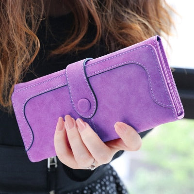Purple - Many Departments Faux Suede Long Wallet Women Matte Leather Lady Purse High Quality Female Wallets Card Holder Clutch Carteras