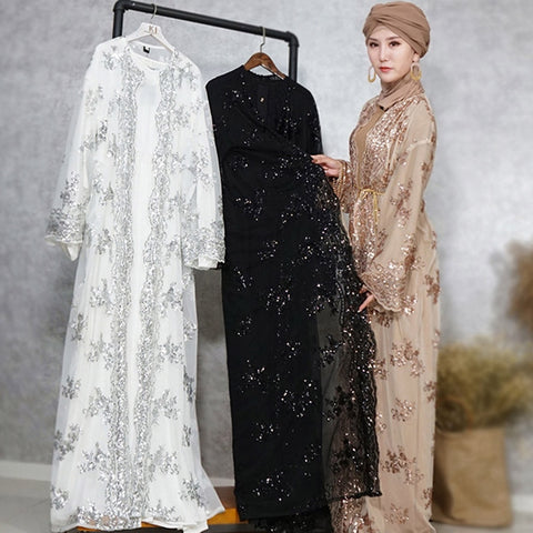 [variant_title] - Luxury High Class Sequins Muslim Dress Embroidery Women Lace Sequin Cardigan Maxi Dress Kimono Open Abaya Robe Kaftan Dubai 3.29