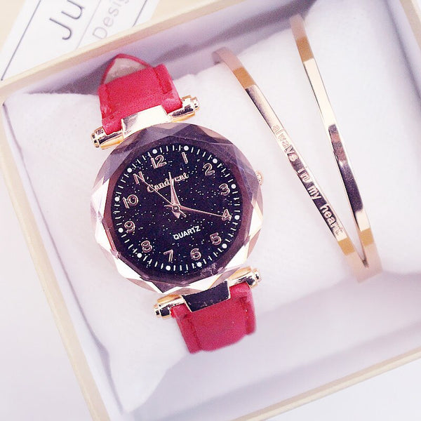 Red Color - Quartz Wristwatches Fashion Starry Sky Women Watches Hot Sale Leather Ladies Bracelet Watch Casual Female Clock Relogio Feminino