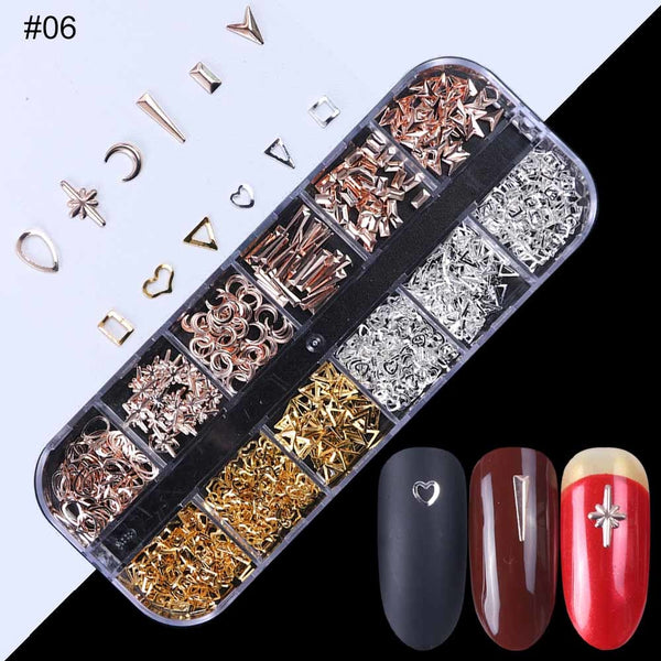06 - 1Case Gold Silver Hollow 3D Nail Art Decorations Mix Metal Frame Nail Rivets Shiny Charm Strass Manicure Accessories Studs JI772