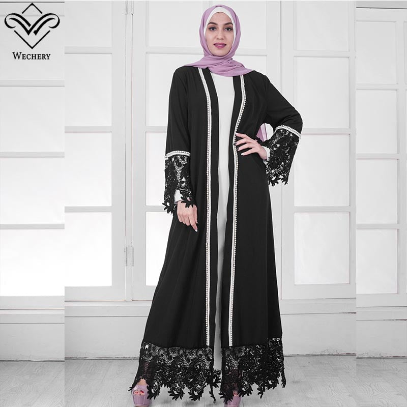 Black / L - Wechery White Black Muslim Dress Robe Hijab Islam Lace Floral Abaya Women Maxi Islamic Clothing Eid Mubarak Garments
