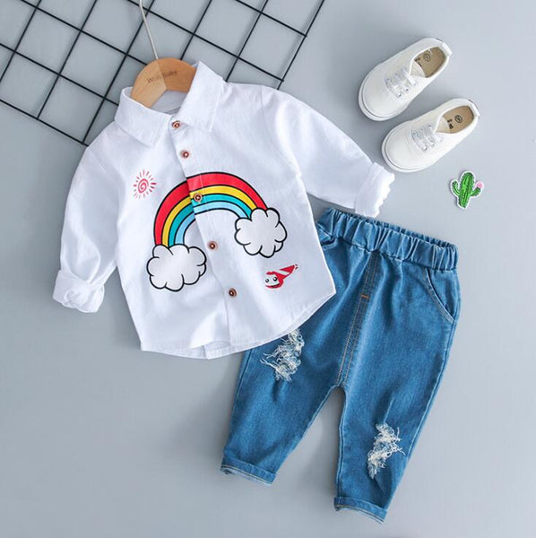 White / 12M - HYLKIDHUOSE Children Clothing Sets Autumn Baby Girl Boy Clothes Suits Rainbow Shirt Holes Jeans Infant Casual Kid Clothes Suits