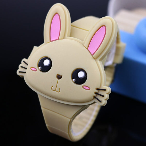Brown - Lovely Rabbit Cartoon Children Watches Flip Cover Rubber Electronic Kids Watch for Boy Student Girls Clock Reloj Infantil Saati