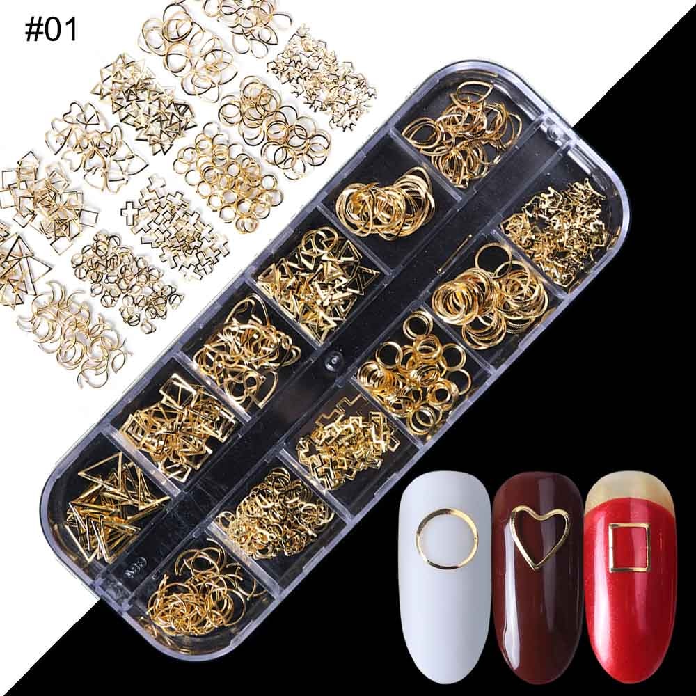 01 - 1Case Gold Silver Hollow 3D Nail Art Decorations Mix Metal Frame Nail Rivets Shiny Charm Strass Manicure Accessories Studs JI772
