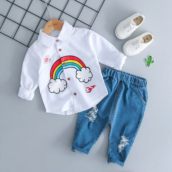 [variant_title] - HYLKIDHUOSE Children Clothing Sets Autumn Baby Girl Boy Clothes Suits Rainbow Shirt Holes Jeans Infant Casual Kid Clothes Suits