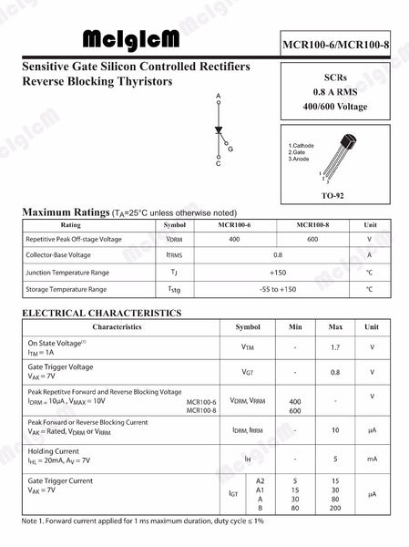[variant_title] - MCIGICM 50pcs MCR100-8 600V 800mA silicon controlled switch diode Thyristor TO-92
