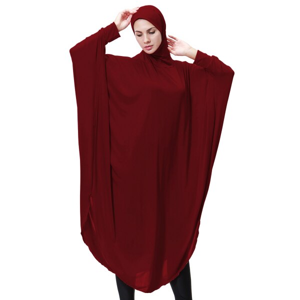 wine red / Length-115 cm - Muslim Lady Thobe With Hijab Abaya Dress Face Cover Jilbab Prayer Clothing Ramadan for Women Long Sleeve Middle East Robe Islam