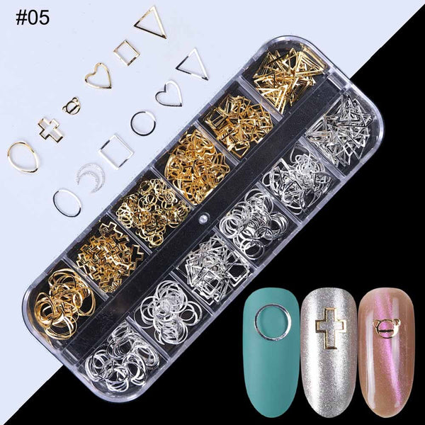 05 - 1Case Gold Silver Hollow 3D Nail Art Decorations Mix Metal Frame Nail Rivets Shiny Charm Strass Manicure Accessories Studs JI772