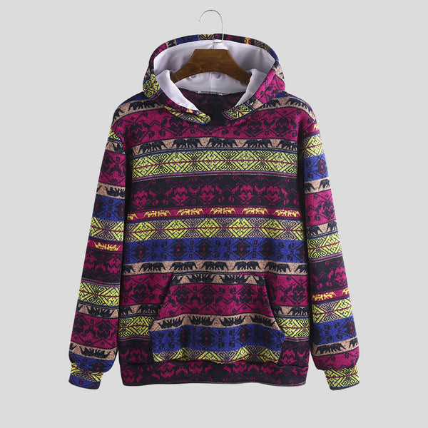 Red / 2XL - Mens Printed Ethnic Style Insert Pocket Hooded Sweatshirt