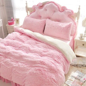 Multi Solid Bedding Set Luxury Plush Shaggy Warm Soft Duvet Cover Set Faux Fur Pompoms Ruffles Bedskirt Pillow Shams Twin Queen