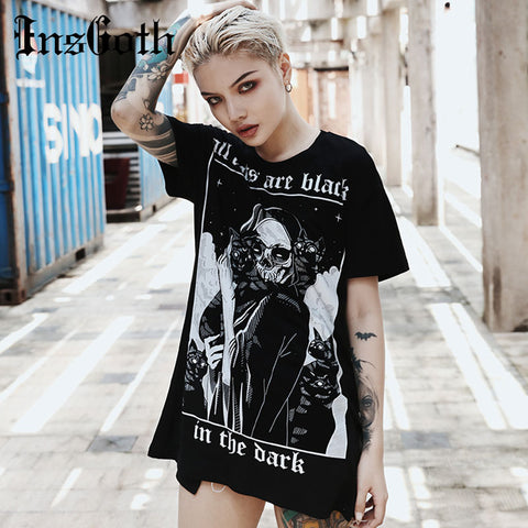InsGoth Women Loose Black T-shirts Gothic Grunge Punk Harajuku Skull Peinted T-shirts Halloween Party Long Tops Female T-shirt