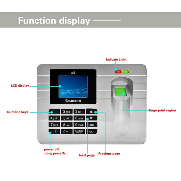 [variant_title] - DANMINI A5 Fingerprint Sensor Employee Attendance Machine Time Clock Recorder 2.4-Inch TFT Color Screen Fingerprint Door Lock