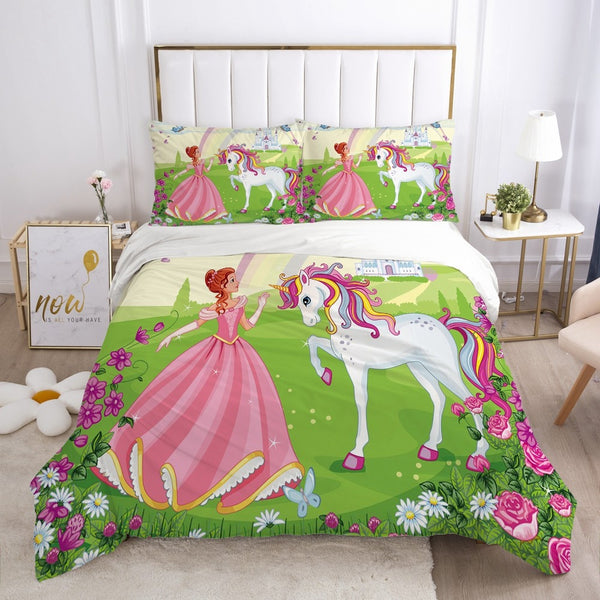 Cartoon Bedding Set for Kids Baby Crib Children Duvet Cover Set Single Size Pillowcase Blanket Quilt Cover Princess and unicorn
