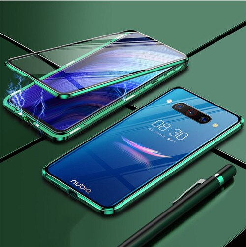 Green - 360 Full Magnetic Phone Case For ZTE Nubia Z20 NX627J Metal Frame Double Sided Glass Cover Aluminum Bumper For Nubia Z20 Case