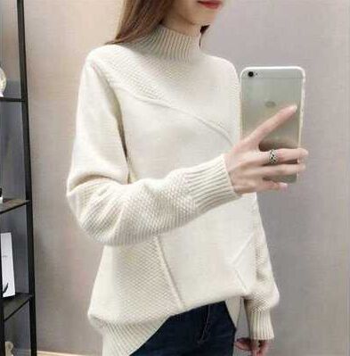 New 2019 Loose Warm Autumn Winter Pullover Sweater Women Jumper Half Turtleneck Long Sleeve Knit Purple Sweater Female NS4380