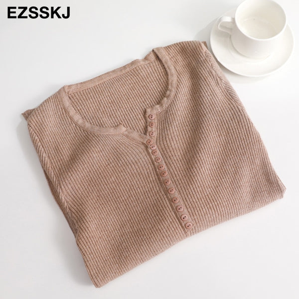 casual Autumn spring Basic Sweater pullovers Women v-neck Solid Knit Slim Pullover female Long Sleeve warm button Sweater