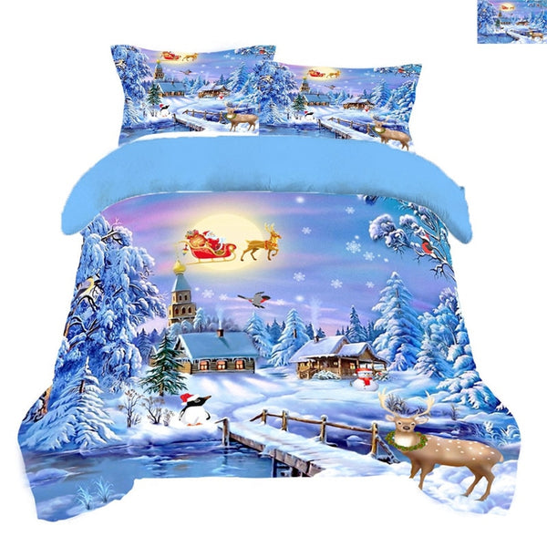 Home Kid Healthy 3D Bedding Set Blue Color Linings Duvet Cover Bed Sheet Pillowcases Christmas tree and snow deer