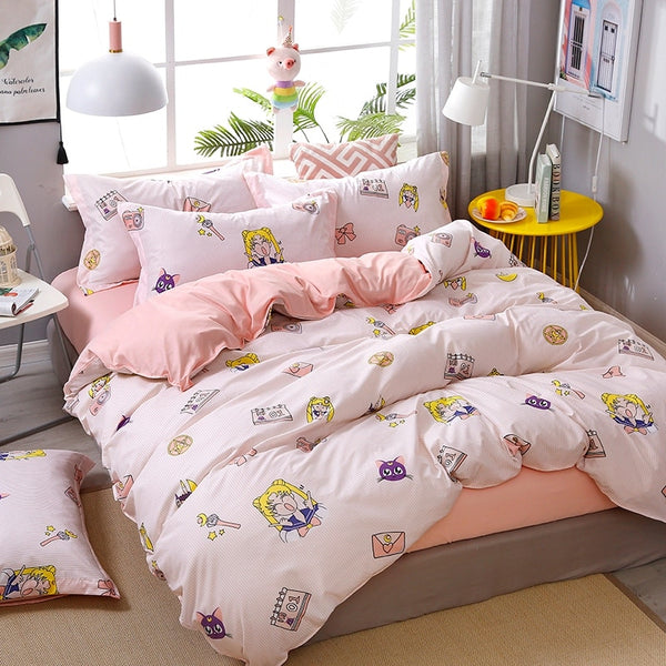 4pcs Pink Strawberry kawaii Bedding Set Luxury Queen Size Bed Sheets Children Quilt Soft Comforter Cotton Bedding Sets