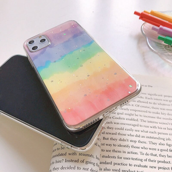 [variant_title] - LACK Cute Colorful Rainbow Shiny Stars glitter powder Phone Case For iphone 11 11Pro MaX 6S 7 8 Plus X XS Max XR Soft Back Cover