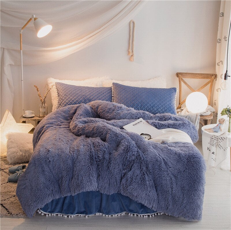 Autumn Winter Plush Quilted Bedding Set 3/4pcs Solid Color Faux Mink Fur Duvet Cover Sheets Pillowcase Tassel Hairball Warm