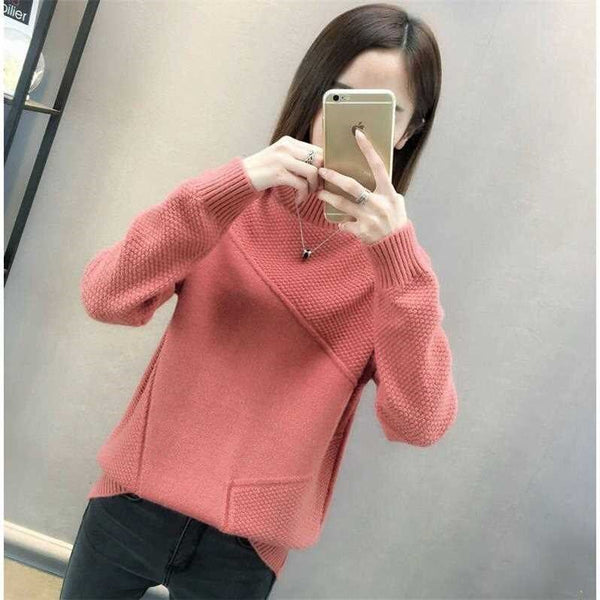 New 2019 Loose Warm Autumn Winter Pullover Sweater Women Jumper Half Turtleneck Long Sleeve Knit Purple Sweater Female NS4380