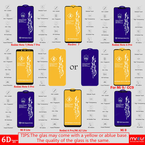 [variant_title] - 6D Glass for Xiaomi Redmi Note 7 6 Pro 5 4X Screen Protector on Redmi 7A Note 7 5 6 Pro Tempered Protective Glass for Xiaomi Mi 9 SE 8 A2 Lite A3 CC9 CC9E Mi 9 Safety Glass Redmi Note 7 5 6 Pro 4X 7A Screen Protection