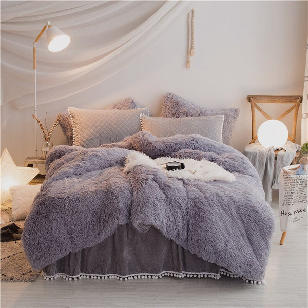 Autumn Winter Plush Quilted Bedding Set 3/4pcs Solid Color Faux Mink Fur Duvet Cover Sheets Pillowcase Tassel Hairball Warm