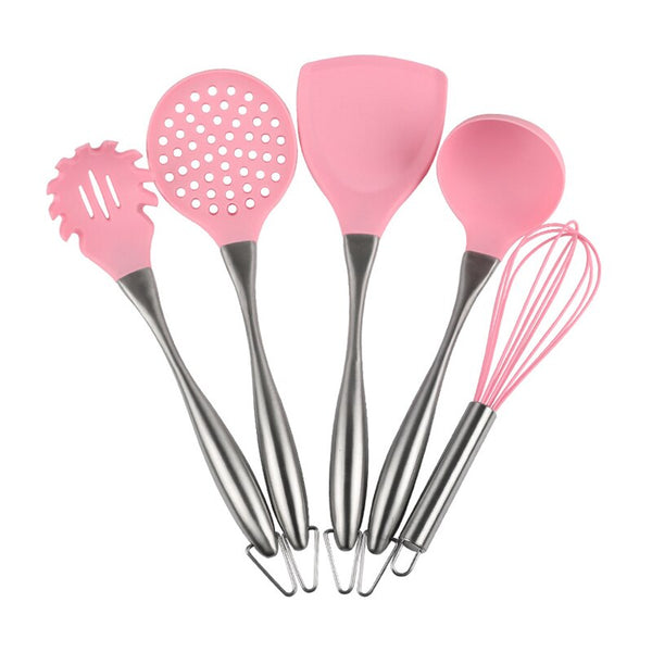 [variant_title] - Pink Silicone Cooking Tools Stainless Steel Handle Kitchenware Dinnerware Tableware Heat Resistant Kitchen Utensils Accessories