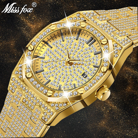 [variant_title] - 18K Gold Watch Men Luxury Brand Diamond Mens Watches Top Brand Luxury FF Iced Out Male Quartz Watch Calender Unique Gift For Men