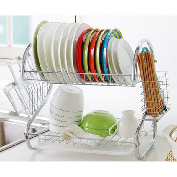 [variant_title] - AsyPets Large Capacity Stainless Steel 2-Layer Dish Drainer Drying Rack for Kitchen Storage