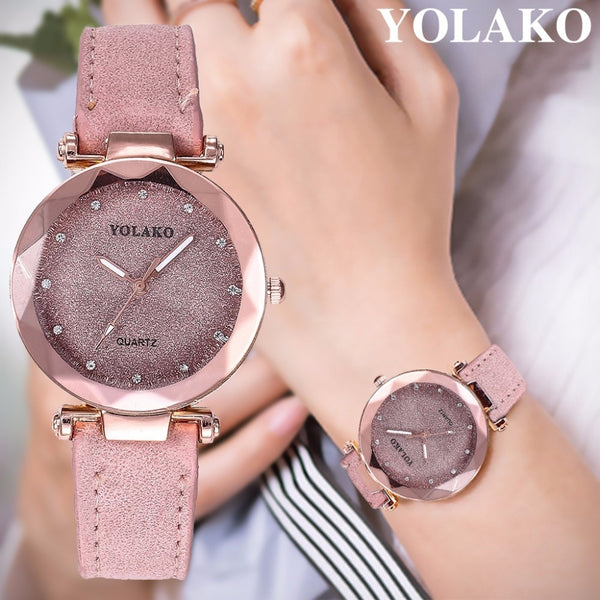 [variant_title] - Dropshipping Women Romantic Starry Sky Wrist Watch Leather Rhinestone Designer Ladies Clock YOLAKO Brand Relogio Feminino